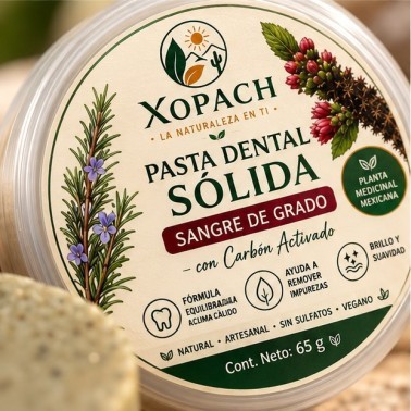 Detalle de Pasta Dental Sólida Sangre de Grado + Carbón Activado XOPACH 65 g