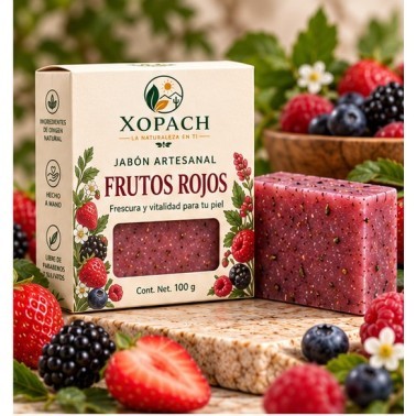 Jabón artesanal Frutos Rojos XOPACH 100 g — imagen editorial
