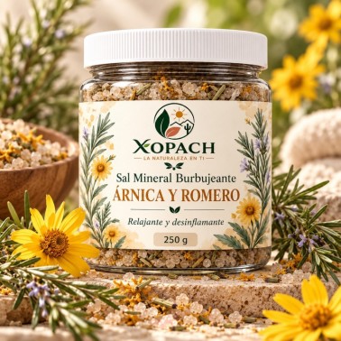 Sal Mineral Burbujeante Árnica y Romero XOPACH 250 g — imagen editorial