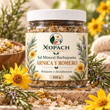 Sal Mineral Burbujeante Árnica y Romero XOPACH 250 g — imagen editorial