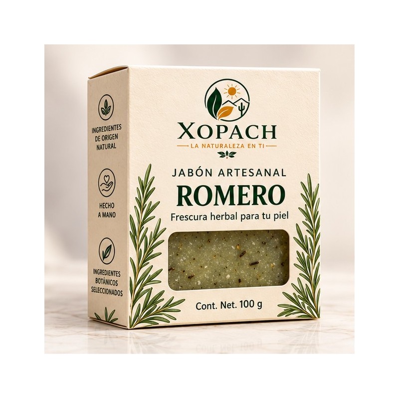 Jabón artesanal de romero XOPACH de 100 g en su empaque