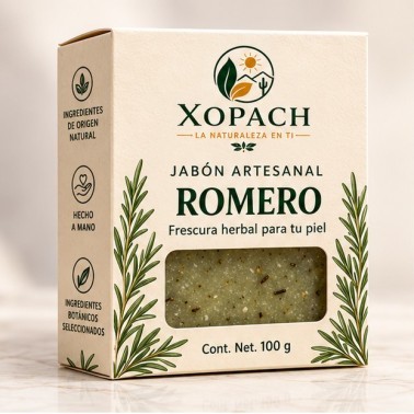 Jabón artesanal de romero XOPACH de 100 g en su empaque