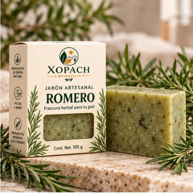 Jabón artesanal de romero XOPACH de 100 g con barra y ramas de romero