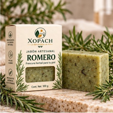 Jabón artesanal de romero XOPACH de 100 g con barra y ramas de romero